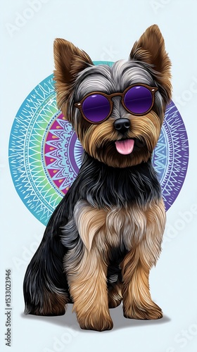 Cute Yorkshire Terrier with Purple Sunglasses and Mandala Background