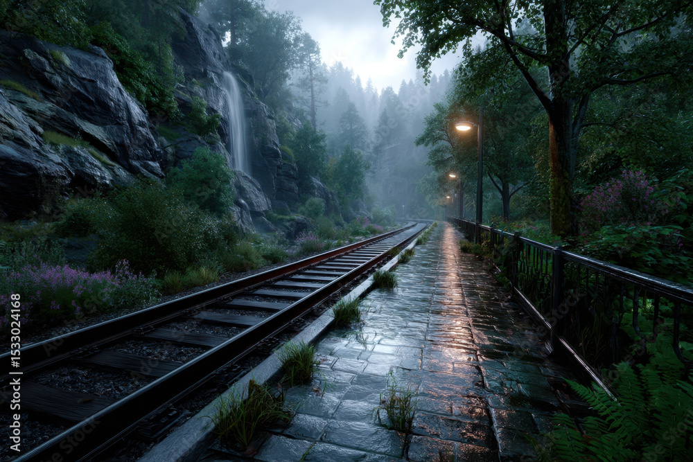 Fototapeta premium Scenic railway track lined with trees and a waterfall in a misty forest setting