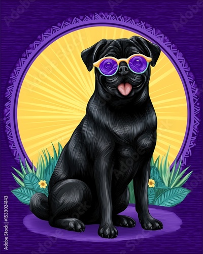  Happy Pug with Purple Sunglasses