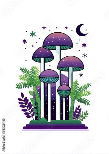 Psychedelic Mushroom Garden with Moon and Stars