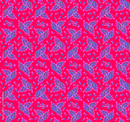 Fabulous nettle leaves, branches with berries and buds, tiny heart-shaped flowers on a crimson background. Seamless vintage pattern. Beautiful boho print for fabric. Folklore motifs.
