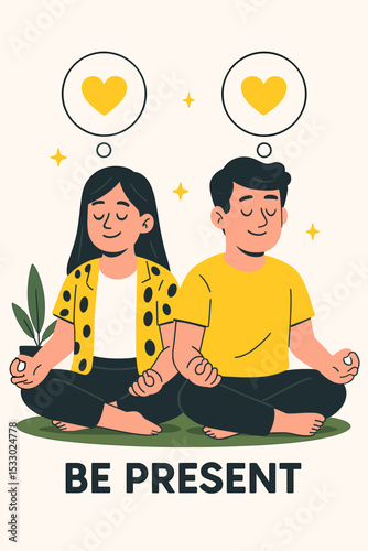 Modern Flat Illustration of a Man and Woman Meditating Together for Mental Wellness, Balance, and Connection