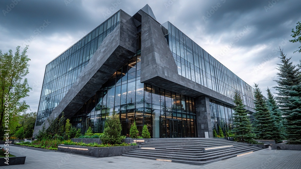 Obraz premium Modern Angular Office Building with Landscape Elements