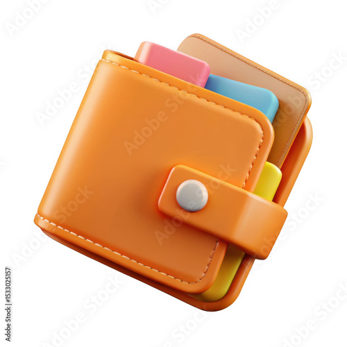 3d render of orange leather wallet with colorful cards isolated on transparent background