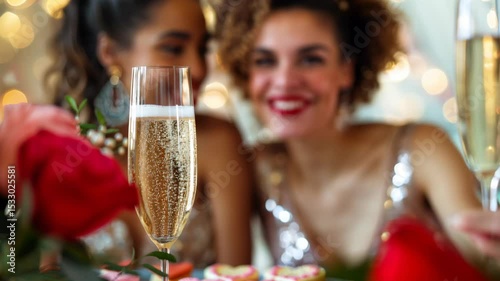 Friends celebrate with champagne and dessert at a lively gathering during a festive evening in a stylish venue