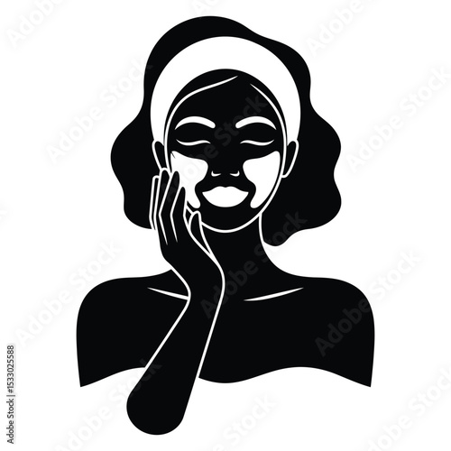 Woman applying face mask, Mental Health and Self Care. A stylish black and white silhouette of a woman applying a facial mask.