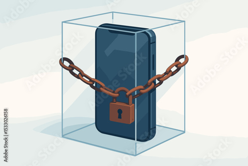 Smartphone locked in transparent box with chain and padlock symbolizing digital detox and restriction