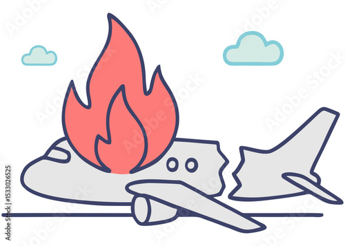 Vector Plane Aircraft Crash Accident Scene with Fire and Clouds