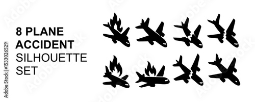 Vector Silhouette Ser of Plane Airplanes Crash Accident with Fire