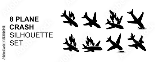 Vector Silhouette Set of Plane Airplanes Accident Crash and Fires for Emergency or Safety Icons