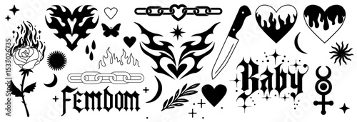 Tattoo vector elements set in 1990s - 2000s style. Rose, butterfly, gothic inscriptions, fire flame, chain, heart and other elements in trendy hand drawn style.