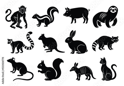 Collection of Diverse Animal Silhouettes: Monkey, Squirrel, Rabbit, Raccoon Vector Icon Design Bundle