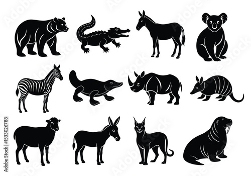 Wild Animal Silhouettes Collection – Bear, Crocodile, Donkey, Koala, Zebra, Rhino, Platypus, Armadillo & More