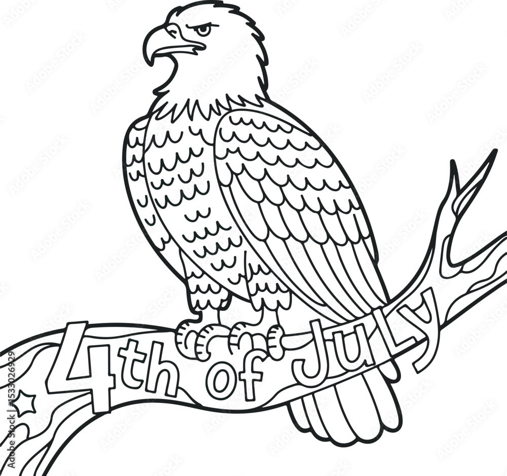 Fototapeta premium Bald Eagle perched on branch 4th of July banner bird