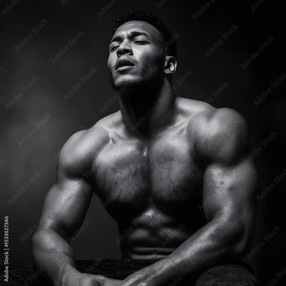 Fototapeta premium Muscular man resting between sets breathing heavily