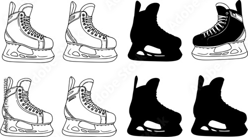 set of Tied Handing Hockey Ice Skates Clipart Set- Outline, Silhouette
