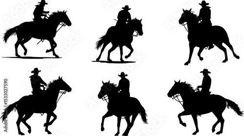 vector set of Cowboy rodeo set wild horses. Vector rodeo silhouette of cowboy riding wild horses isolated on white for design
