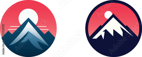 The mountain theme vector sticker illustration. The concept of tourism, hiking, and active recreation in the mountains.