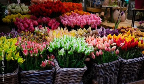 Colorful blooming tulips showing off their beauty in wicker baskets at flower market