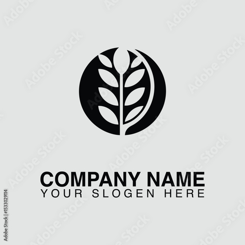Black wheat stalk emblem encircled, company name and slogan below, isolated on white background