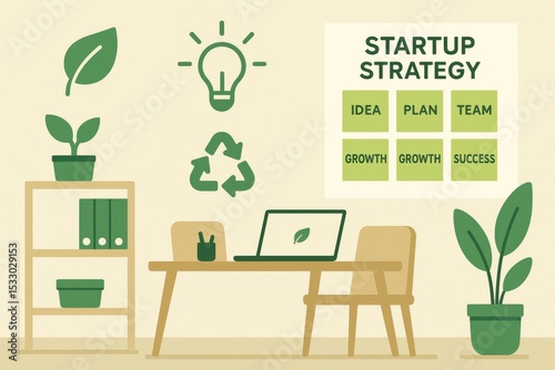 Startup strategy session office workspace infographic design modern environment overhead view business growth concept