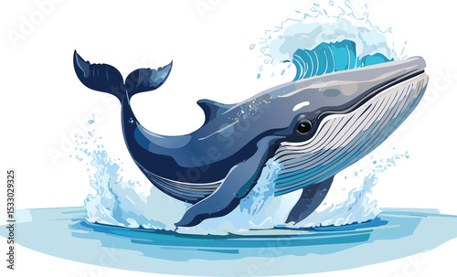 Cartoon Whale Leaping from Ocean with Big Splash in Blue Sea Scene