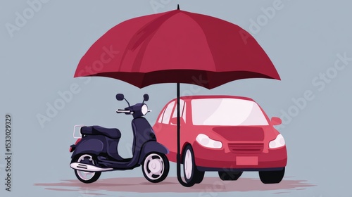 Scooter and car under umbrella urban setting digital illustration protection concept minimalist style