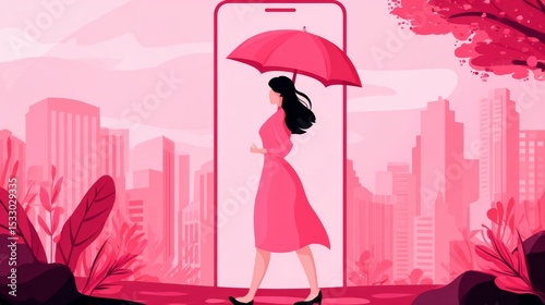 Urban woman walking with umbrella cityscape digital art pink environment street view modern life