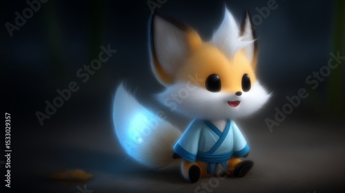 Cute animated fox character in traditional outfit fantasy setting digital art nighttime environment playful concept