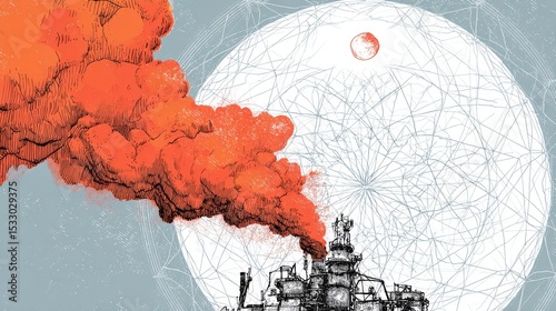 Industrial smoke erupts from factory chimney against moonlit background urban landscape graphic art abstract view