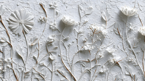 White floral 3D wall art textured design embossed flowers and leaves
