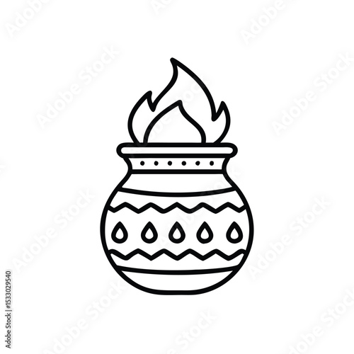 Traditional clay pot with burning flame festive design element