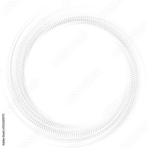 Circular shape with dotted irregular rays forming a vortex, leaving a big empty space inside and outside the center.