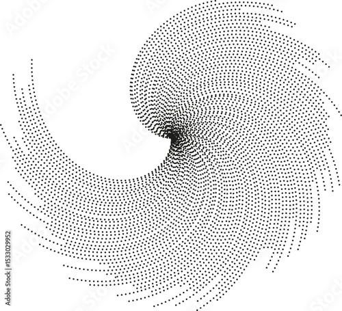 Circular shape with irregular dotted rays forming a vortex, missing one quarter of the rays.