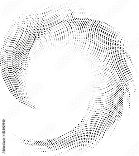 Circular shape with long irregular dotted rays forming a vortex, missing one quarter of the rays.