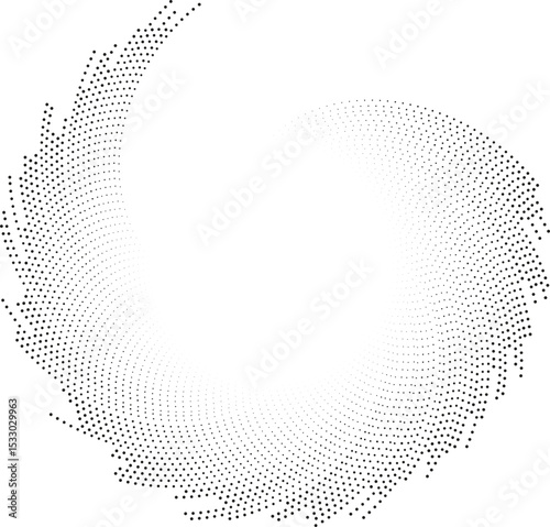 Circular shape with irregular dotted rays forming a vortex, tapering towards the center and missing one quarter of the rays.