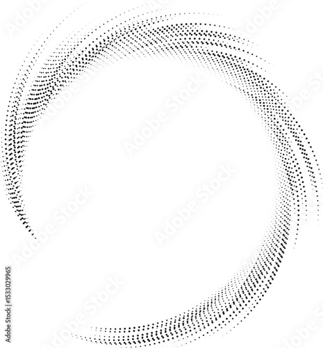 Circular shape with irregular dotted rays forming a vortex, missing one quarter of the rays.