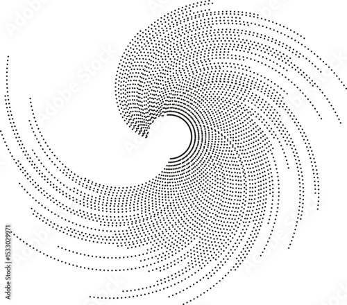 Circular shape with very long irregular dotted rays forming a vortex, missing one quarter of the rays.