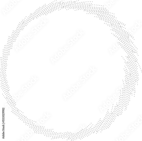 Circular shape with irregular dotted rays forming a vortex inside and outside, with a large empty space at the center.