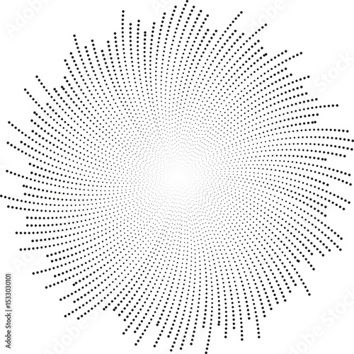 Circular shape with irregular dotted rays forming a vortex.