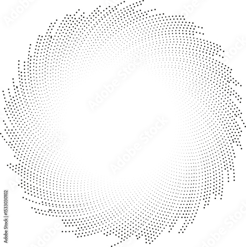 Circular shape with irregular dotted rays forming a vortex, tapering toward the center and leaving an empty space.