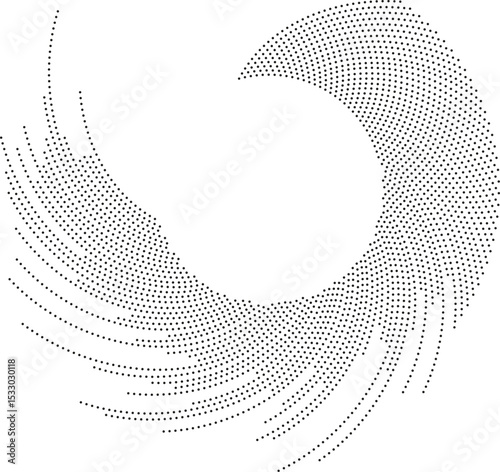 Circular shape with a dotted vortex pattern, featuring irregular rays and missing one quarter of the circle.
