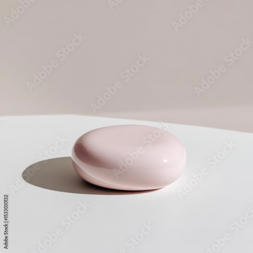 Smooth pink soap placed on a clean white surface with soft lighting creating subtle shadows