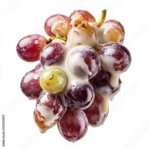 Unique cluster of grapes showcasing a variety of colors and textures with a glossy appearance on a white background