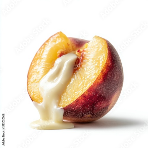 Fresh peach halves with creamy filling oozing out, highlighting summer flavors and indulgence