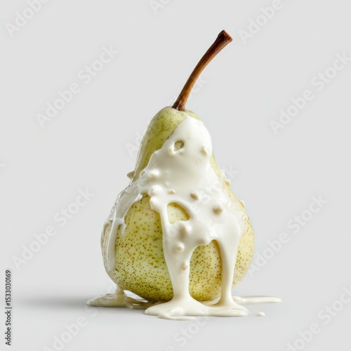 Pears covered in creamy sauce create an enticing and unique dessert presentation on a neutral backdrop
