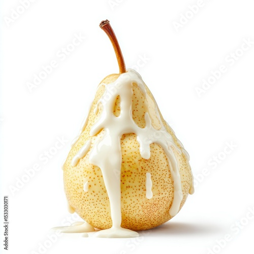 Delicious pear drizzled with creamy sauce on a white background captured in a culinary setting
