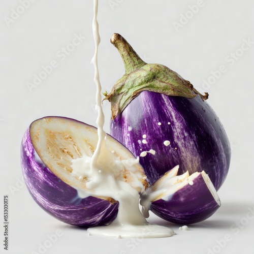 Sliced eggplant with cream splashing on a light background showcasing fresh produce and culinary creativity