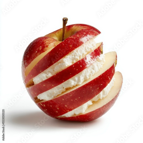 Sliced red apple filled with cream reveals a unique dessert presentation in a minimalist style