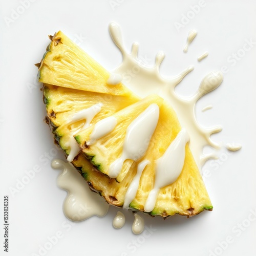 Fresh pineapple slice drizzled with creamy sauce on a white background creates a refreshing and appetizing visual
